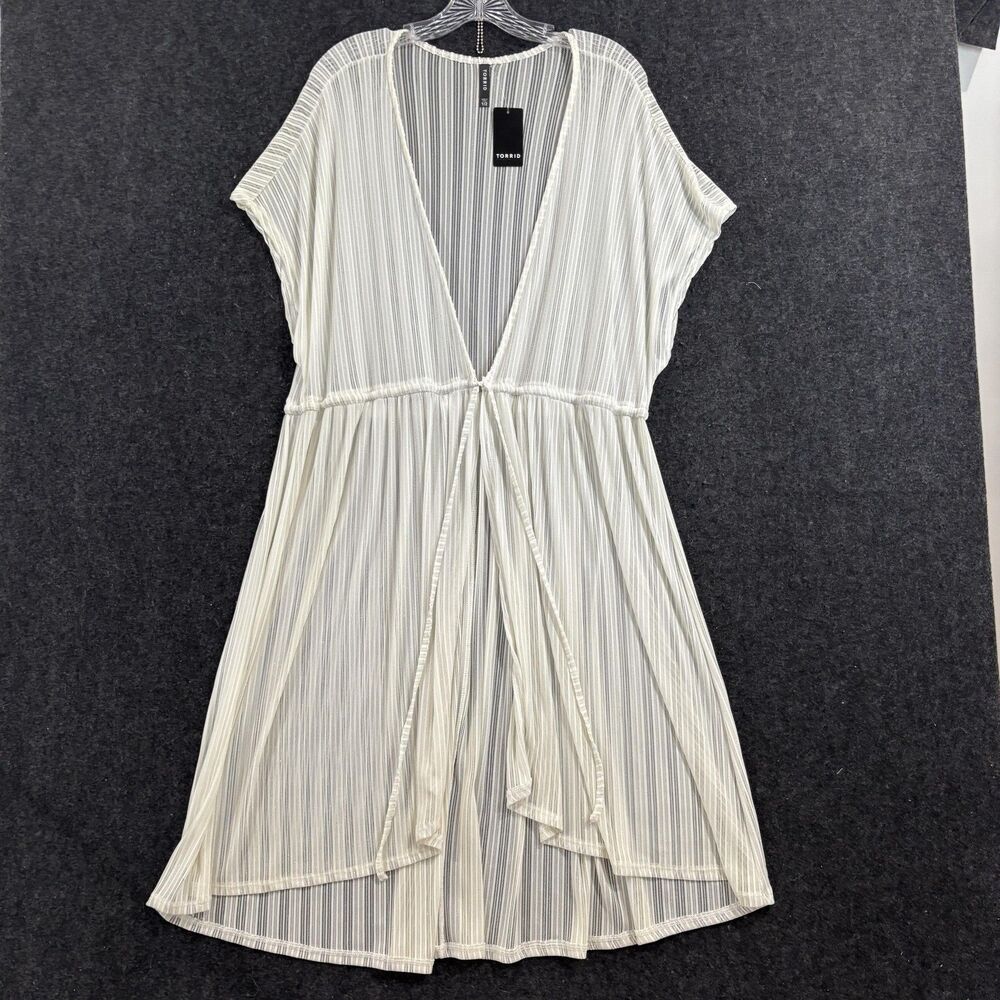 Torrid Kimono Blouse Women's 1 White Cinch Sheer Stripe Waist Open Front Plus